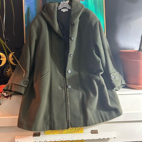 Vintage Y2K 2000s Jacob Olive Hooded Wool Trench Coat L - Picture 2 of 14